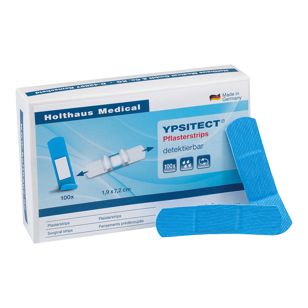 Image of a box of Holthaus Ypsitect® plaster strips, water-repellent 1.9 x 7.2 cm, 100 pieces. The box clearly shows that it contains 100 surgical, self-adhesive plaster strips. Two blue strips are displayed outside the field. This product is manufactured in Germany by Holthaus Medical GmbH & Co. KG and features water-repellent plaster strips.