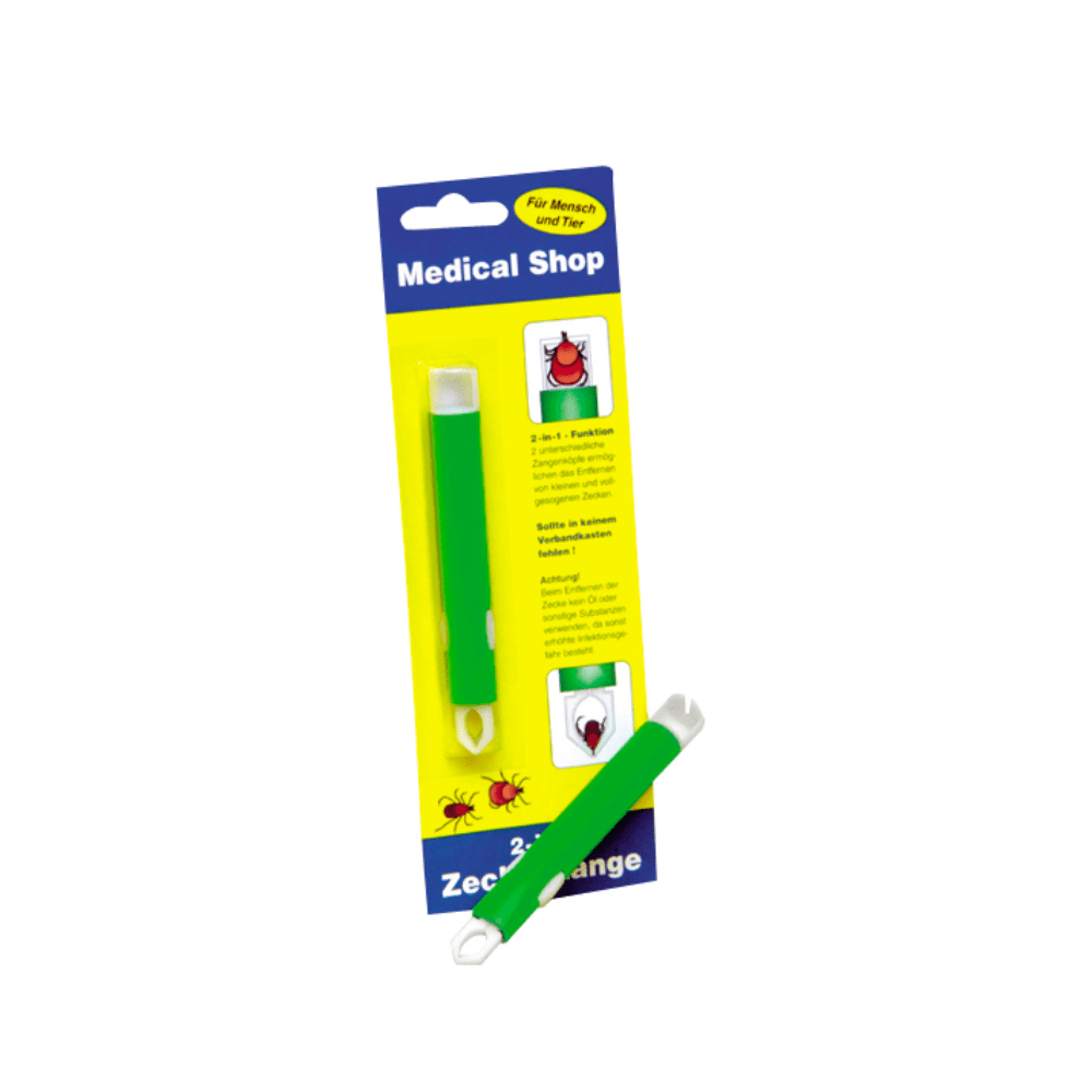The packaging of the Holthaus tick remover | Package (1 piece) from Holthaus Medical GmbH & Co. KG, available in the "Medical Shop", is designed for both humans and pets. It contains two illustrations of ticks, a description of the functions of the tool's head, and an image demonstrating its use. The tool is depicted both in the packaging and individually.