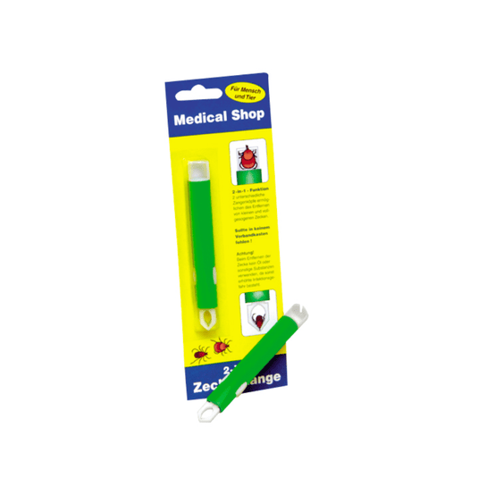 The packaging of the Holthaus tick remover | Package (1 piece) from Holthaus Medical GmbH & Co. KG, available in the "Medical Shop", is designed for both humans and pets. It contains two illustrations of ticks, a description of the functions of the tool's head, and an image demonstrating its use. The tool is depicted both in the packaging and individually.