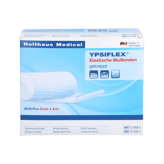 A blue and white box of Holthaus Ypsiflex® Elastic Gauze Bandage from Holthaus Medical GmbH & Co. KG, labeled as *clinic pack*. The packaging indicates that it contains 20 pieces, each measuring 8 cm x 4 m. The text is multilingual and the product is made in Germany. Perfect for *wound dressing fixation*.