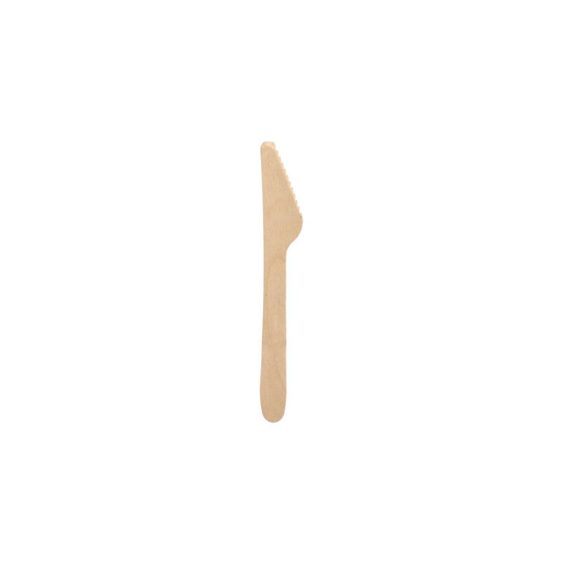 Against a white background stands a single PAPSTAR "pure" wooden knife 16.5 cm from PAPSTAR GmbH. This wooden knife with a straight handle and one-sided serrated edge represents simplicity and sustainability.