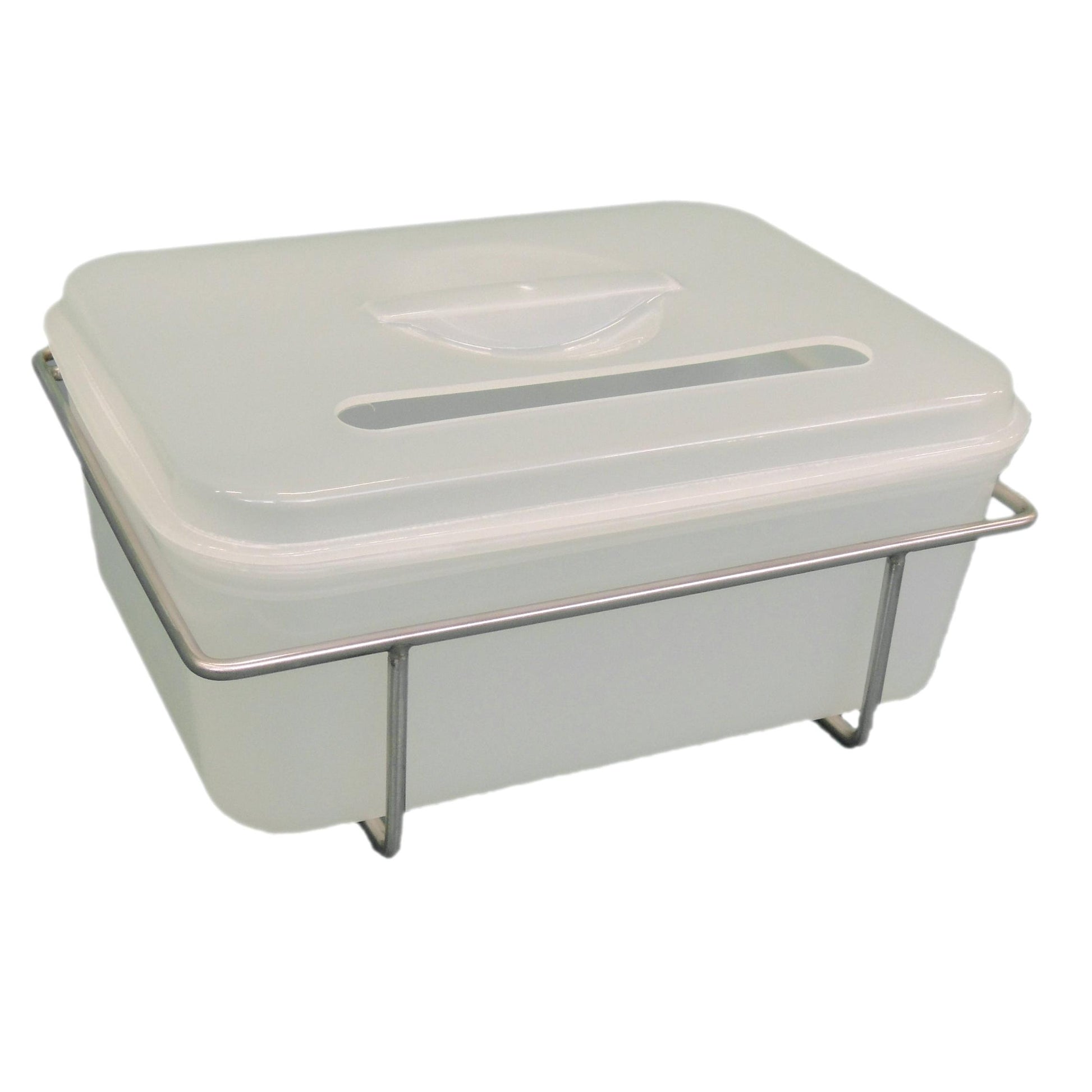 The Novocal instrument disposal container with stainless steel bracket features a semi-transparent, rectangular container with lid and handle slot, ideal for the safe disposal of medical instruments. Brand: Novocal.