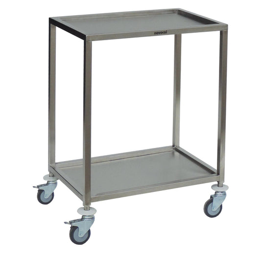 The Novocal mobile instrument table with 2 removable stainless steel shelves from Novocal features four swivel castors and is ideal for transporting items in medical or industrial areas.