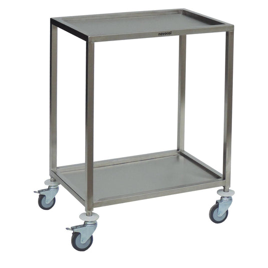 The Novocal mobile instrument table with 2 removable stainless steel shelves from Novocal features four swivel castors and is ideal for transporting items in medical or industrial areas.
