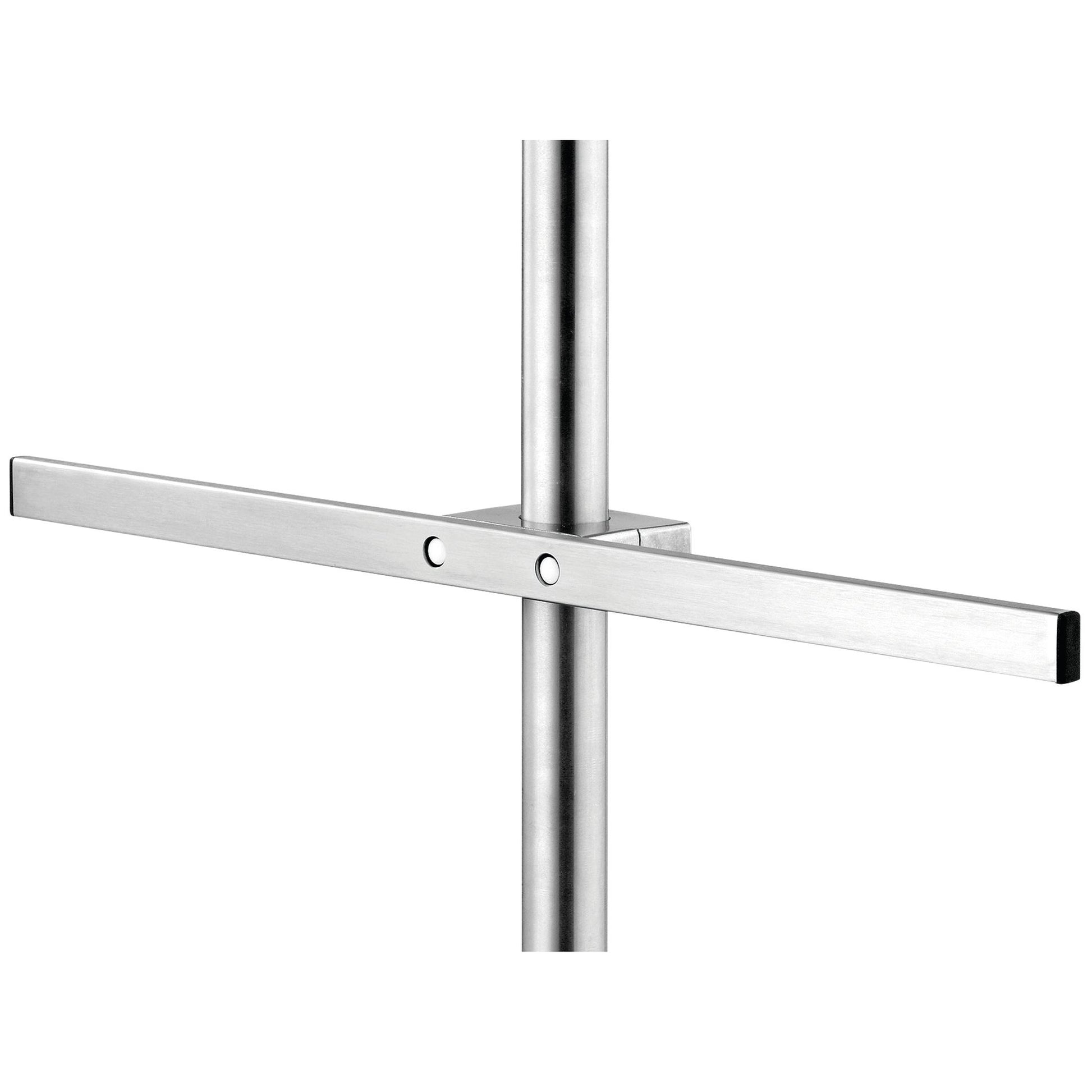 The Novocal Euro rail for infusion stands is a 558 mm long, height-adjustable stainless steel rail (single stainless steel) with a rectangular crosspiece, two round closures, and black end caps - ideal for medical facilities. Simple white background.