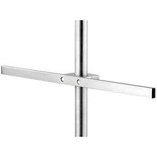 The Novocal Euro rail for infusion stands is a 558 mm long, height-adjustable stainless steel rail (single stainless steel) with a rectangular crosspiece, two round closures, and black end caps - ideal for medical facilities. Simple white background.