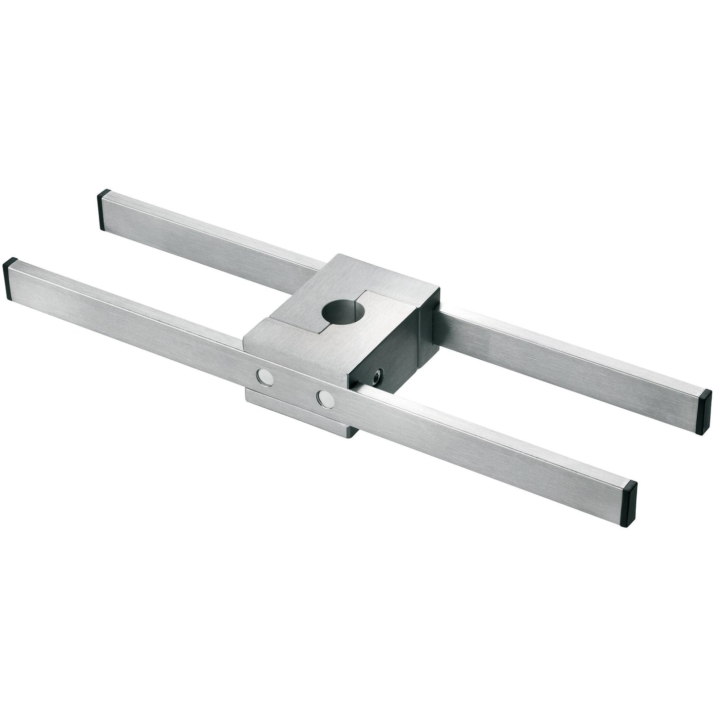 Rectangular Novocal Euro rail holder made of stainless steel with two parallel rods and a central sliding block, including drilling and screws, for adjustable mounting of a 25 mm round tube infusion stand (1-pack).