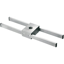 Rectangular Novocal Euro rail holder made of stainless steel with two parallel rods and a central sliding block, including drilling and screws, for adjustable mounting of a 25 mm round tube infusion stand (1-pack).