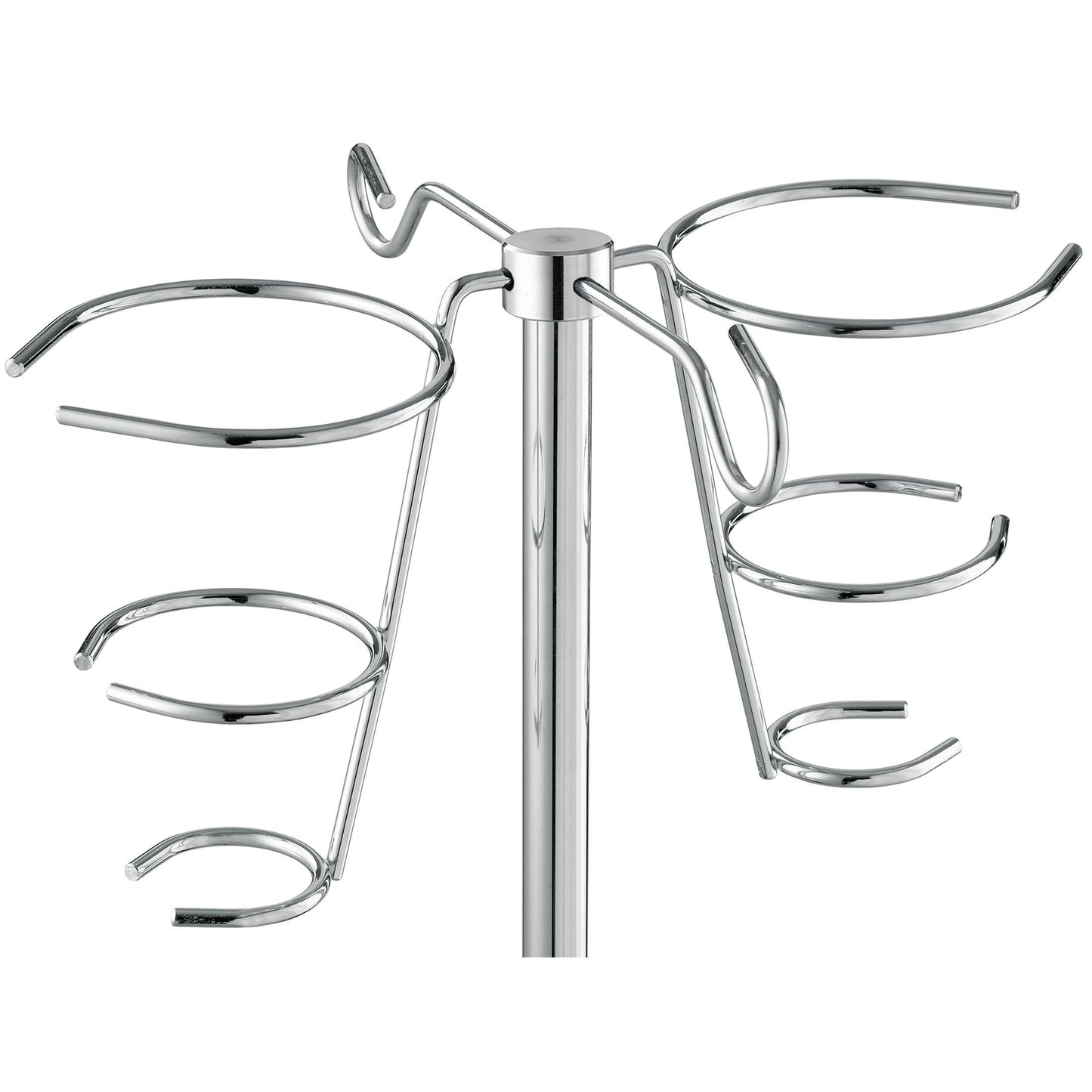 A close-up of the Novocal infusion bottle holder for infusion stands made of stainless steel (for round tube 18 mm, 2 holders, 1 piece) with chrome-plated wire holders extending from a central rod for bottles or jars.