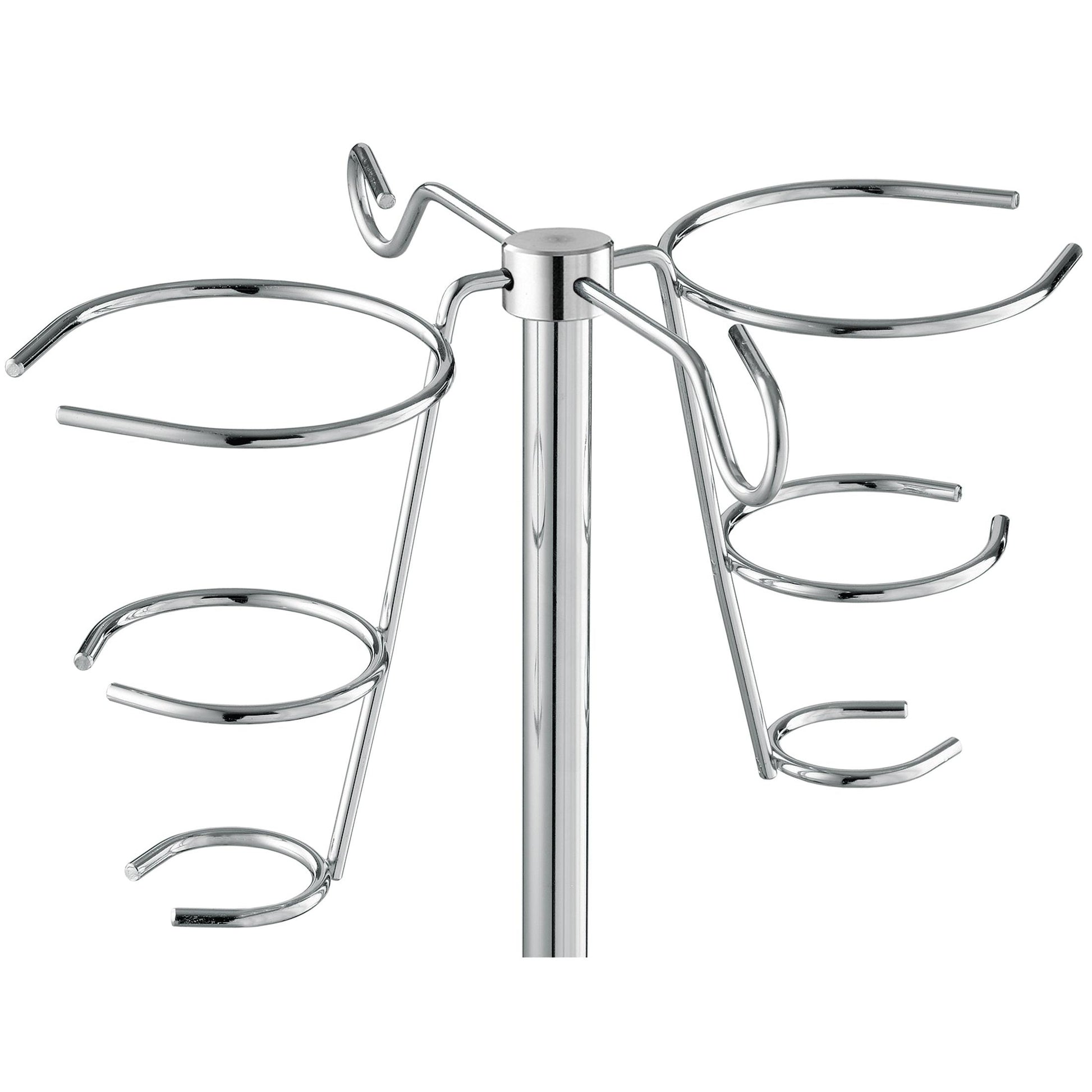 A close-up of the Novocal infusion bottle holder for infusion stands made of stainless steel (for round tube 18 mm, 2 holders, 1 piece) with chrome-plated wire holders extending from a central rod for bottles or jars.