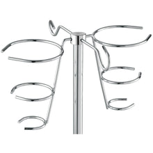 A close-up of the Novocal infusion bottle holder for infusion stands made of stainless steel (for round tube 18 mm, 2 holders, 1 piece) with chrome-plated wire holders extending from a central rod for bottles or jars.