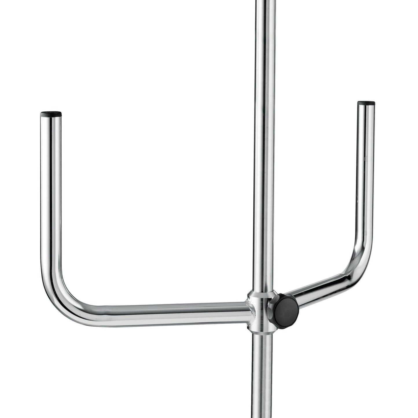 A close-up of the Novocal infusion pump holder for pumps shows its sturdy metal stand with a central rod and two U-shaped horizontal arms, each fitted with a black cap - perfect for securing infusion pumps.