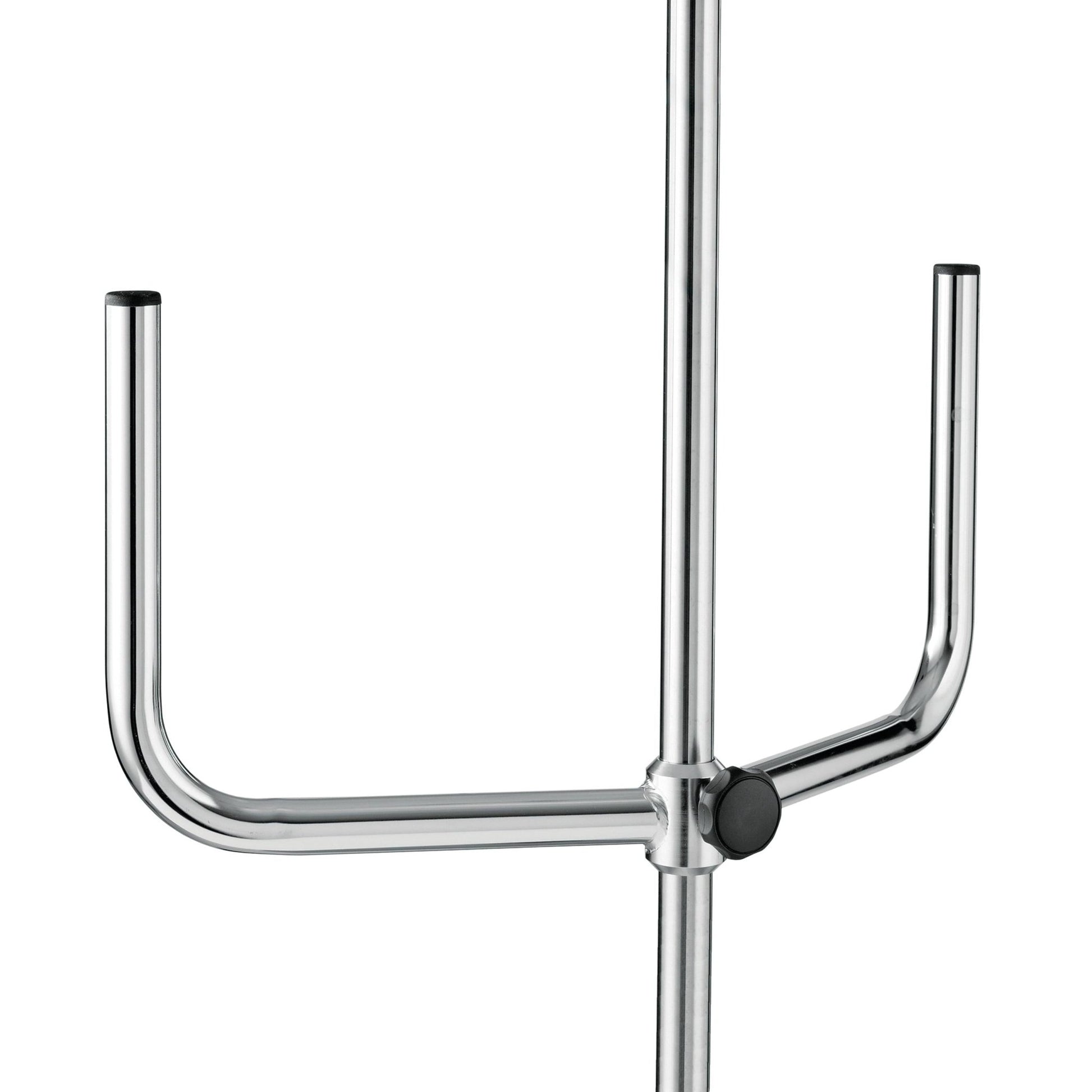 A close-up of the Novocal infusion pump holder for pumps shows its sturdy metal stand with a central rod and two U-shaped horizontal arms, each fitted with a black cap - perfect for securing infusion pumps.