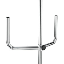 A close-up of the Novocal infusion pump holder for pumps shows its sturdy metal stand with a central rod and two U-shaped horizontal arms, each fitted with a black cap - perfect for securing infusion pumps.