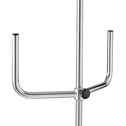 A close-up of the Novocal infusion pump holder for pumps shows its sturdy metal stand with a central rod and two U-shaped horizontal arms, each fitted with a black cap - perfect for securing infusion pumps.