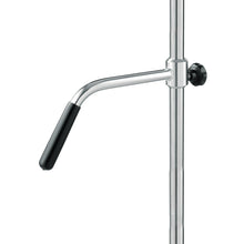 A close-up of the Novocal sliding handle for stainless steel infusion stands, with an adjustable handwheel and black plastic handle, shows the practical L-shaped design as well as the black adjustment knob on the right side.