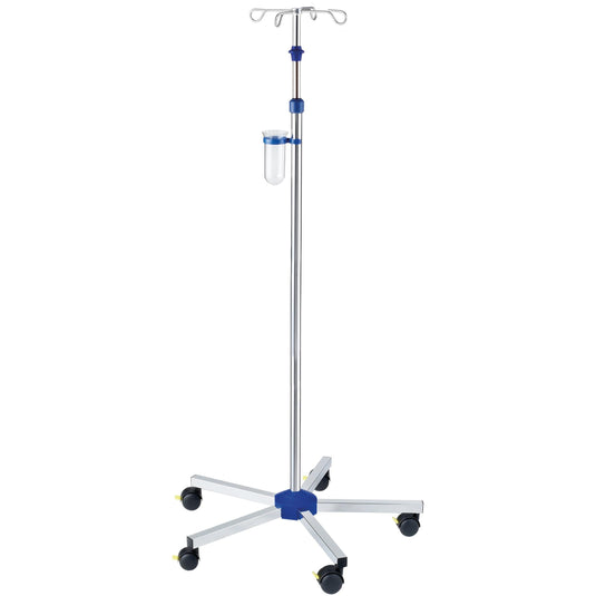 The Novocal infusion stand made of stainless steel (tube diameter 25/18 mm, one-hand safety height adjustment, package of 1 piece) offers reliability and comfort for medical applications.