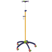 The Novocal infusion stand for the children's ward features a yellow aluminum shaft, a blue base, five green and red wheels, hooks, and a transparent container - ideal for enhancing any children's ward. Package: 1 piece.