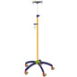 The Novocal infusion stand for the children's ward features a yellow aluminum shaft, a blue base, five green and red wheels, hooks, and a transparent container - ideal for enhancing any children's ward. Package: 1 piece.