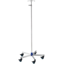 The Novocal infusion stand urology features a stainless steel frame (33.7/25 mm), five wheels, a telescopic rod, infusion hooks, and blue accents on the wheel hubs/base joint. Delivered as a single unit by Novocal.