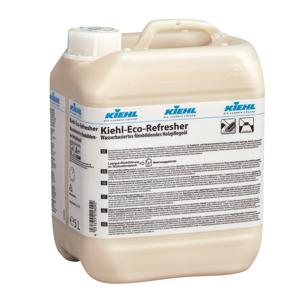 5-liter plastic container from Johannes Kiehl KG Kiehl-Eco-Refresher, a film-forming water-based wood care oil for floors, with handle, screw cap, and German instructions; carton contains 2 bottles.