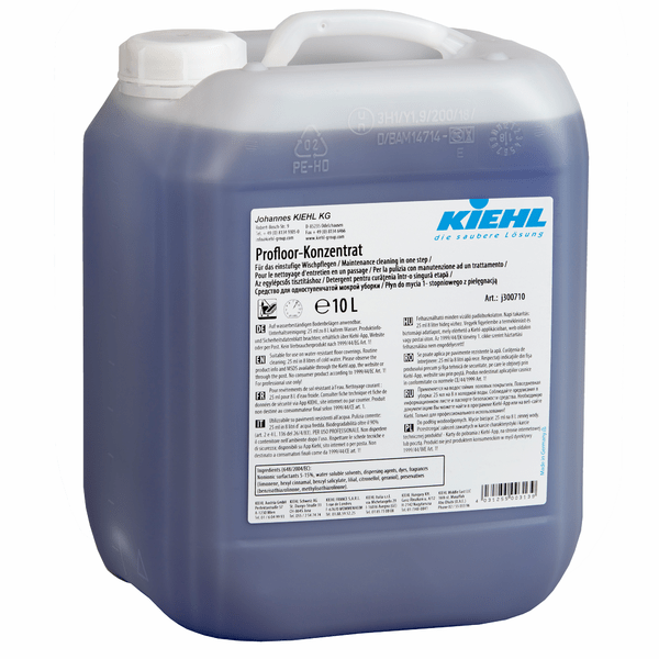A 10-liter container made of transparent plastic with a white lid and handle, filled with blue liquid. The label shows the product name "Kiehl Profloor Concentrate For One-Step Mopping" by Johannes Kiehl KG, with instructions for use and safety information.