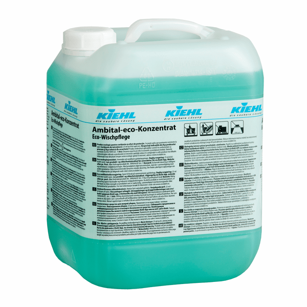 The large plastic container of Kiehl Ambital-eco Concentrate Eco-Mopping Care by Johannes Kiehl KG is filled with turquoise liquid and its label contains information about the product and its application. It is an environmentally friendly cleaning concentrate.