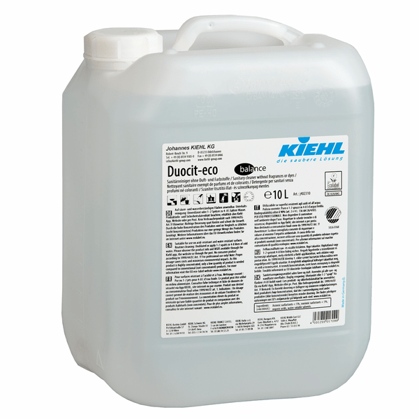 A 10-liter container made of translucent plastic with a white screw cap and the inscription "Kiehl Duocit-eco balance sanitary cleaner without fragrances and dyes" from Johannes Kiehl KG contains multilingual instructions and safety information.