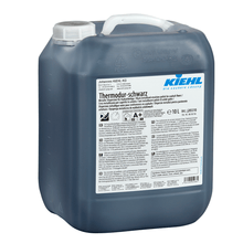 A 10-liter canister of Thermodur-black universal dispersion by Johannes Kiehl KG for asphalt floors, in a dark plastic container with a white lid and a label with usage and safety instructions.
