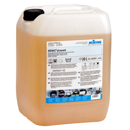 Kiehl ARENAS-alcawash Liquid Alkaline Detergent by Johannes Kiehl KG in a 20-liter container made of translucent plastic with a black screw cap and a label with product information and application instructions.