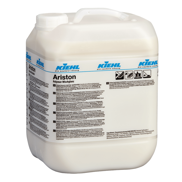 A white 10-liter plastic canister of Kiehl Ariston polymer gloss from Johannes Kiehl KG with a handle and a label with product information, instructions, and safety symbols in black and blue lettering.