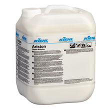 A white 10-liter plastic canister of Kiehl Ariston polymer gloss from Johannes Kiehl KG with a handle and a label with product information, instructions, and safety symbols in black and blue lettering.