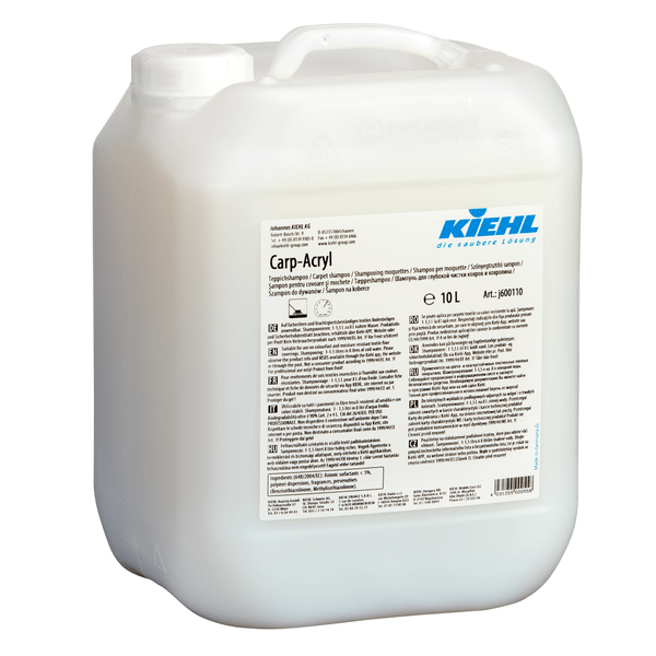 A 10-liter canister of Kiehl Carp-Acryl carpet shampoo from Johannes Kiehl KG with a carrying handle and a multilingual label with product information. Ideal for carpet cleaning with its effective shampoo formula.