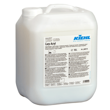 A 10-liter canister of Kiehl Carp-Acryl carpet shampoo from Johannes Kiehl KG with a carrying handle and a multilingual label with product information. Ideal for carpet cleaning with its effective shampoo formula.