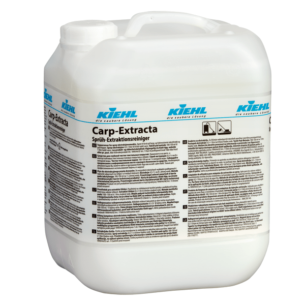 White 10-liter plastic canister of Kiehl Carp-Extracta spray extraction cleaner from Johannes Kiehl KG for carpet and upholstery cleaning with a blue and white label and multilingual instructions.