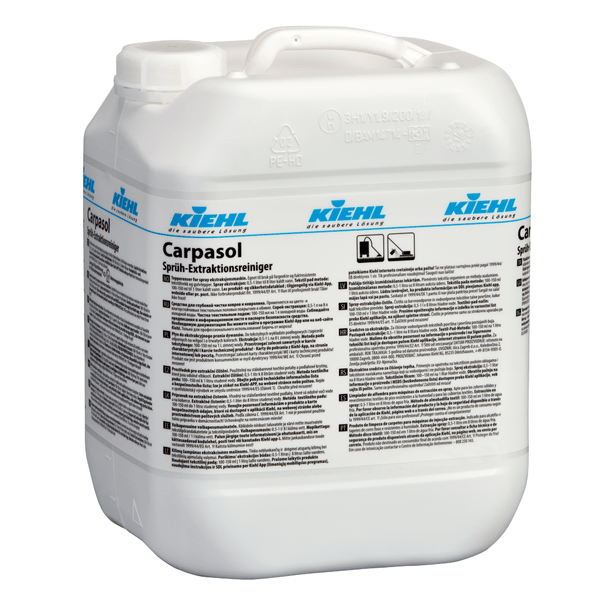 A white 10-liter plastic canister labeled "Kiehl Carpasol Spray Extraction Cleaner" by Johannes Kiehl KG for carpet and upholstery cleaning is provided with detailed product information and safety instructions in several languages on the sides.