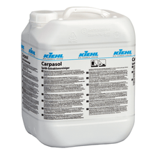 A white 10-liter plastic canister labeled "Kiehl Carpasol Spray Extraction Cleaner" by Johannes Kiehl KG for carpet and upholstery cleaning is provided with detailed product information and safety instructions in several languages on the sides.