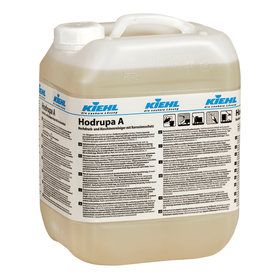 The Kiehl Hodrupa A high-pressure and machine cleaner with corrosion protection from Johannes Kiehl KG is contained in a translucent plastic container with a white lid and is suitable for use in high-pressure cleaning systems. The multilingual label provides information about application and properties.