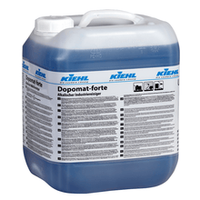Large plastic container of Kiehl Dopomat-forte alkaline industrial cleaner from Johannes Kiehl KG with a white cap and handle, featuring multilingual product information and instructions on the label.