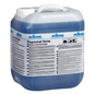 Large plastic container of Kiehl Dopomat-forte alkaline industrial cleaner from Johannes Kiehl KG with a white cap and handle, featuring multilingual product information and instructions on the label.
