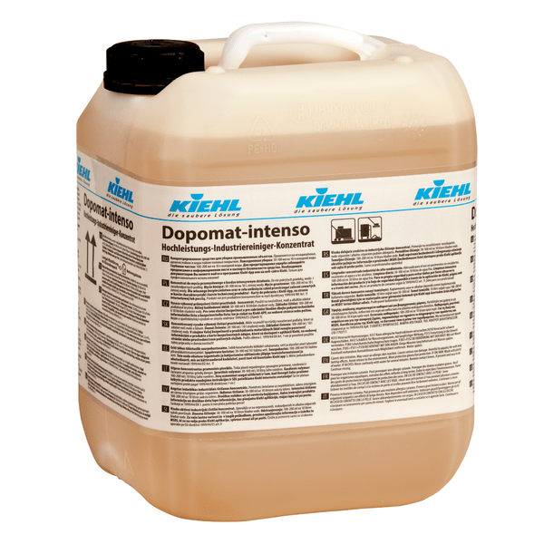 A 10-liter container made of translucent plastic with a white handle and black cap labeled "Kiehl Dopomat-intenso High-Performance Industrial Cleaner Concentrate" by Johannes Kiehl KG contains a multilingual instruction on the label.