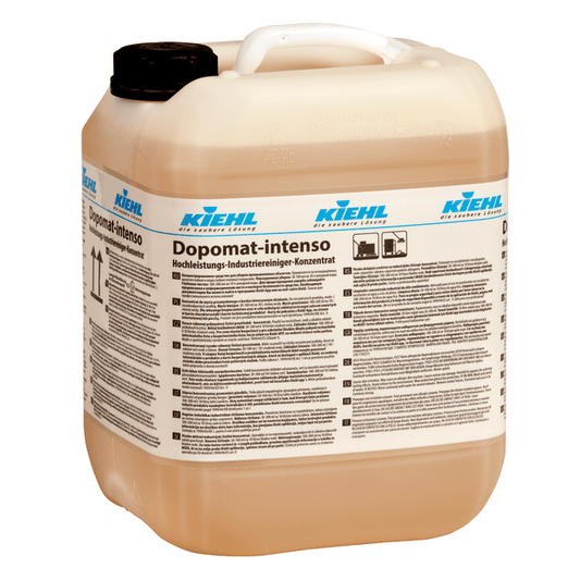 A 10-liter container made of translucent plastic with a white handle and black cap labeled "Kiehl Dopomat-intenso High-Performance Industrial Cleaner Concentrate" by Johannes Kiehl KG contains a multilingual instruction on the label.
