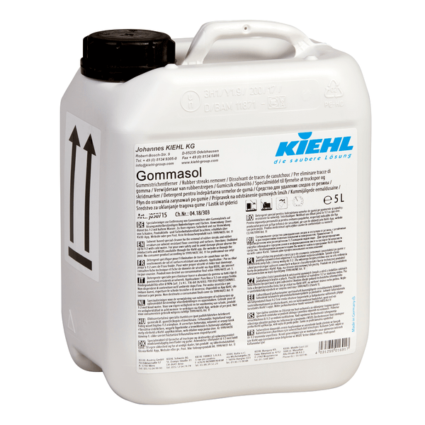 The white 5-liter plastic bottle of Kiehl Gommasol rubber remover from Johannes Kiehl KG has a black cap, two black arrows pointing upwards, and a multilingual label with instructions for industrial floor cleaning.