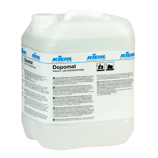Transparent 10-liter plastic container with white screw cap and the inscription "Kiehl Dopomat Intensive and Machine Cleaner" from Johannes Kiehl KG, with text and symbols on the front label.