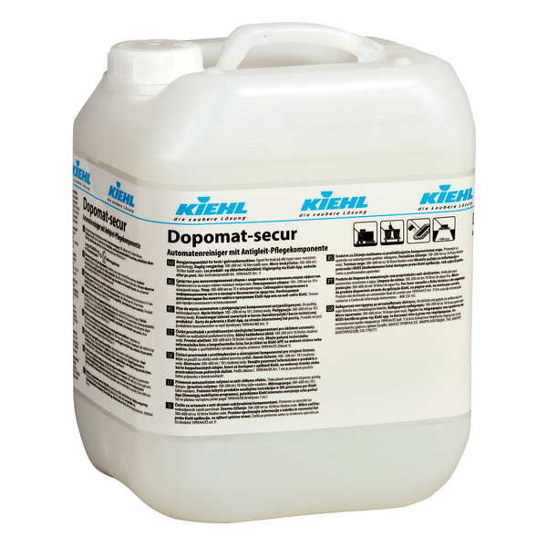 White plastic container with handle and the label "Kiehl Dopomat-secur automatic cleaner with anti-slip care component" by Johannes Kiehl KG. The German label contains instructions for use and safety information.
