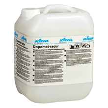 White plastic container with handle and the label "Kiehl Dopomat-secur automatic cleaner with anti-slip care component" by Johannes Kiehl KG. The German label contains instructions for use and safety information.