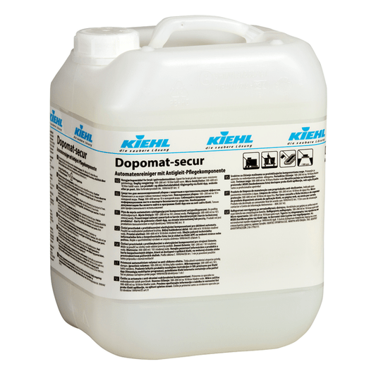 White plastic container with handle and the label "Kiehl Dopomat-secur automatic cleaner with anti-slip care component" by Johannes Kiehl KG. The German label contains instructions for use and safety information.