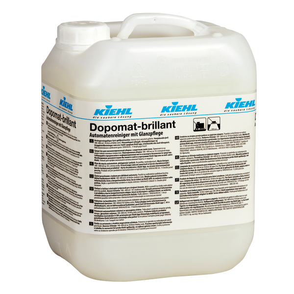 A white plastic container from Johannes Kiehl KG with the label "Kiehl Dopomat-brillant automatic cleaner with gloss care" contains cleaner for machines and is equipped with a multilingual instruction.