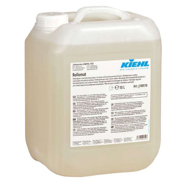 10-liter canister "Kiehl Rollomat Escalator and Moving Walkway Cleaner" by Johannes Kiehl KG with printed product information, screw cap, and handle. Suitable for cleaning escalators and moving walkways.