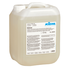 10-liter canister "Kiehl Rollomat Escalator and Moving Walkway Cleaner" by Johannes Kiehl KG with printed product information, screw cap, and handle. Suitable for cleaning escalators and moving walkways.